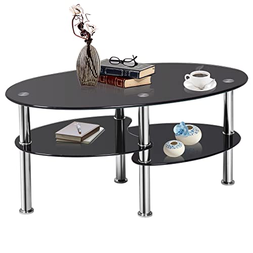 COSTWAY Glass Coffee Table, 3-Tier Sofa Side Table with Metal Tube Legs and Open Shelves, Modern Oval Coffee End Table for Living Room Office (Black)