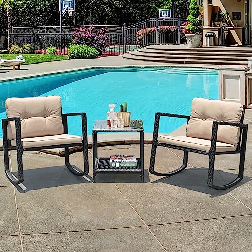 COSTWAY 3PC Patio Rattan Conversation Set Rocking Chair Cushioned Sofa Garden Furniture