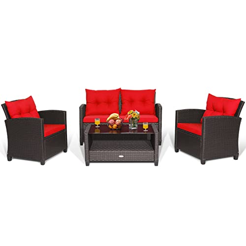 COSTWAY 4 PCS Patio Rattan Furniture Set Glass Table Shelf Sofa Cushion Red