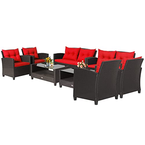 COSTWAY 8 PCS Patio Rattan Furniture Set Glass Table Shelf Sofa Cushion Red