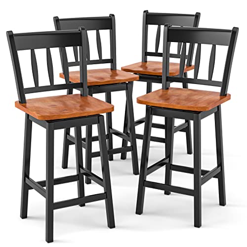 COSTWAY Bar Stools Set of 4, 24.5 Inch Rubber Wood Bar Chairs with 360¡Swiveling, Footrest, Swivel Counter Height Barstools Ideal for Kitchen Island, Counter, Pub or Bar (4, Black)