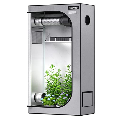 COSTWAY Grow Tent, 36Ó X 20Ó X 63Ó, Indoor Grow Room with Observation Window, Removable Floor Tray, Ventilation Duct Port, 600D Mylar Hydroponic Dark Room for Patio, Garage (Grey, 36"x20"x63")