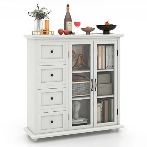 COSTWAY Sideboard Buffet Cabinet, Kitchen Storage Cabinet 4-Drawers, 2 Tempered Glass Doors, Buffet Table, Accent Cabinet for Entryway, Dining Room, Kitchen, Home, Basement, White