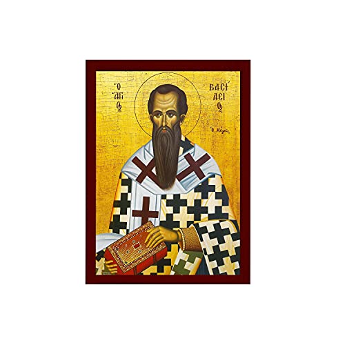 Saint Basil icon, Handmade Greek Orthodox icon of Basil the Great, Byzantine art wall hanging of St Basil of Caesarea on wood plaque