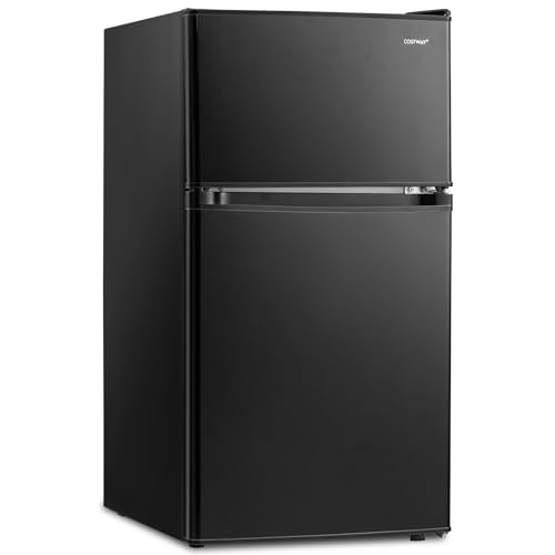 COSTWAY Compact Refrigerator, 3.2 Cu.Ft. Fridge Freezer Compartment with Reversible 2 Door, Adjustable Thermostat, Removable Glass Shelves, Mini Refrigerator for Bedroom Dorm Apartment, Black