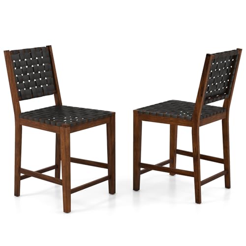 COSTWAY 24 Inch Woven Bar Stools Set of 2, Counter Height Bar Chairs with High Backrest, Footrest, Farmhouse Faux Leather Barstools for Dining Room, Kitchen Island, Pub, Cafe, Brown