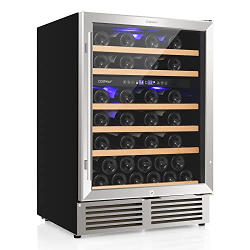 COSTWAY 24 Inch Wine Cooler, 51 Bottles Dual Zone Wine Refrigerator w/Stainless Steel Tempered Glass Door & Safety Lock, Built-in or Freestanding Mini Wine Fridge for Home Bar Office