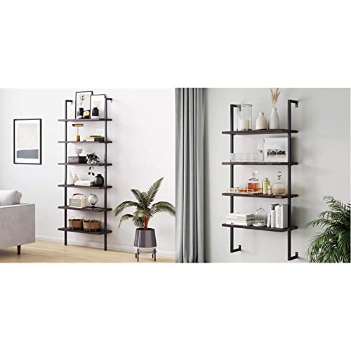 Nathan James Theo 6-Shelf Tall Bookcase, Nutmeg/Matte Black & Theo 4-Shelf Bookcase, Floating Wall Mount Shelves with Natural Wood and Industrial Pipe Metal Frame, Nutmeg/Black