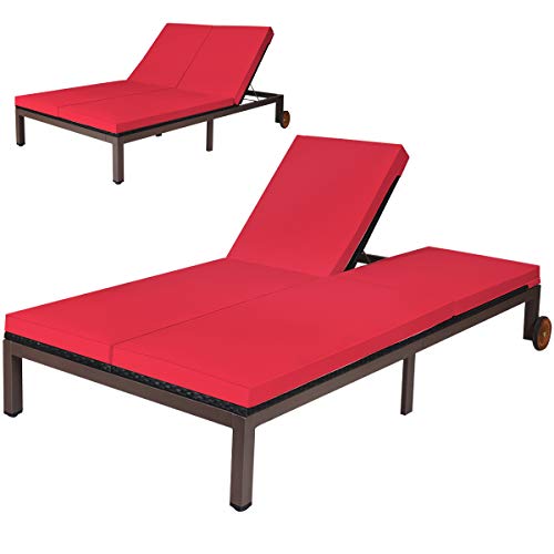 COSTWAY 2-Person Patio Rattan Lounge Chair Chaise Recliner Adjustable Cushioned Red