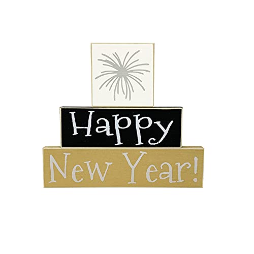 Happy New Year Wood Sign - Black Gold Silver Firework Decor - Holiday Eve Wooden Shelf Table Decoration