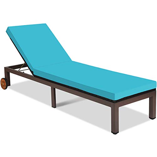 COSTWAY Patio Rattan Lounge Chair Chaise Recliner Back Adjustable W/Wheels Cushioned Turquoise