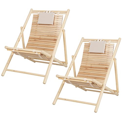 COSTWAY 2 PCS Patio Outdoor Adjustable Folding Wood Sling Chair Lounge Assembly Free