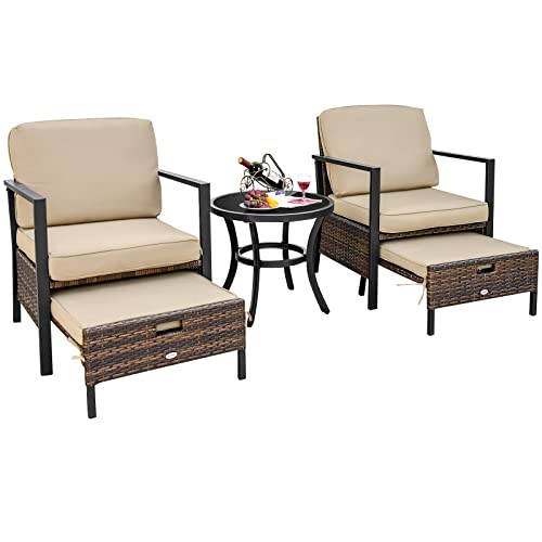 COSTWAY 5PCS Patio Wicker Conversation Set Space Saving Cushions Chairs W/Ottomans Table