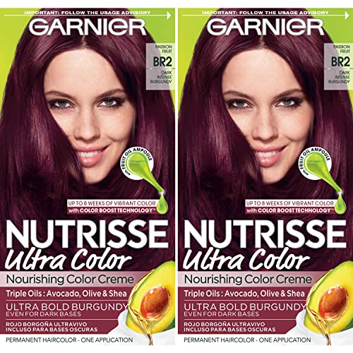 Garnier Hair Color Nutrisse Ultra Color Nourishing Creme, BR2 Dark Intense Burgundy (Passion Fruit) Red Permanent Hair Dye, 2 Count (Packaging May Vary)