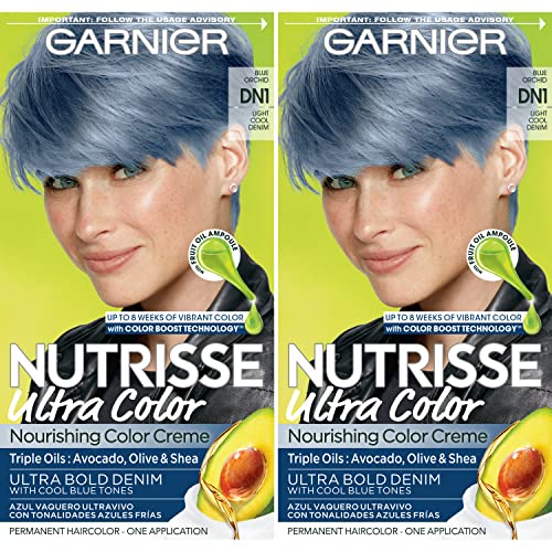 Garnier Hair Color Nutrisse Ultra Color Nourishing Creme, DN1 Light Cool Denim (Blue Orchid) Permanent Hair Dye, 2 Count (Packaging May Vary)