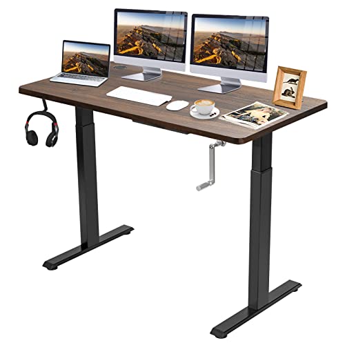 COSTWAY Crank Height Adjustable Standing Desk, w/Folding Crank, Headphone Hook & Cable Tray, 48 Inch Stand up Computer Workstation w/Solid One-Piece 1" Table Top for Home & Office (Black +Mahogany)