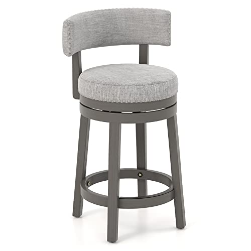 COSTWAY Bar Stool, 27-inch 360¡ Swivel Barstool with Upholstered Back & Seat, Solid Rubber Wood Legs & Footrest, Farmhouse Counter Height Chair for Home, Bar, Cafe, Grey (1, Seat Height 27ÔÕ)