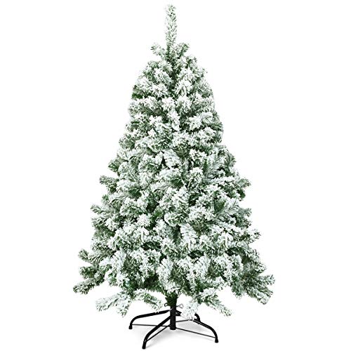 COSTWAY 4.5FT Snow Flocked Artificial Christmas Tree Hinged w/400 Tips and Foldable Base