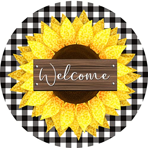 Welcome Wreath Sign-Sunflower Sign-Sunflower Welcome Sign-Round Sign-Metal Wreath Sign-Buffalo Plaid (10")