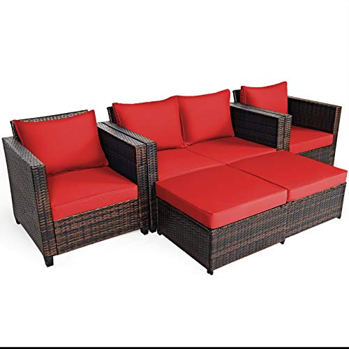 COSTWAY 5PCS Patio Rattan Furniture Set Loveseat Sofa Ottoman Cushioned Red