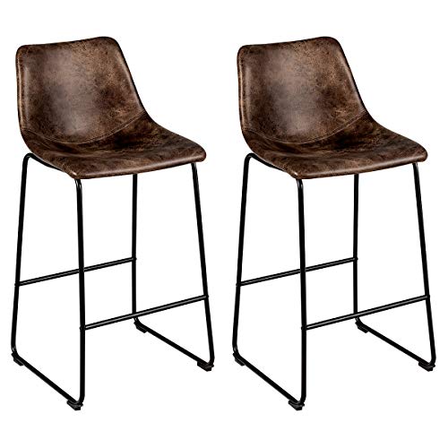 COSTWAY Set of 2 Bar Stools, Vintage Faux Suede Bar Stools, with Metal Legs, Back and Footrest, Upholstered Stools for Home Kitchen, Pub (Brown, 2)