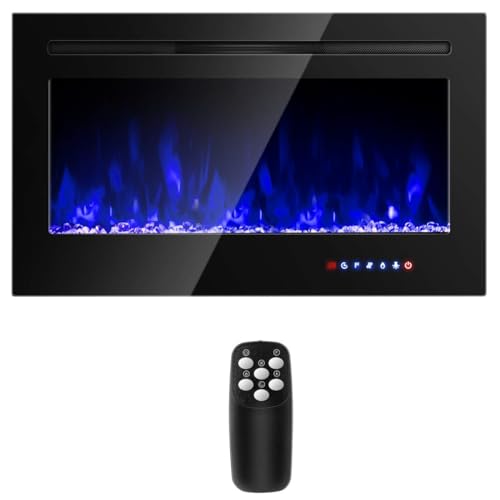 COSTWAY 36-Inch Electric Fireplace, 750W/1500W Wall Recessed and Mounted Fireplace Insert with Remote Control, 9 Flame Colors, 5 Brightness Settings, 8 H Timer, Fireplace Heater for Indoor Use