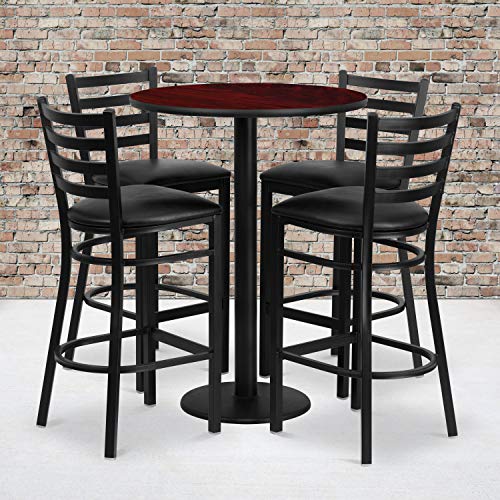 Flash Furniture Jamie 30'' Round Mahogany Laminate Table Set with Round Base and 4 Ladder Back Metal Barstools - Black Vinyl Seat