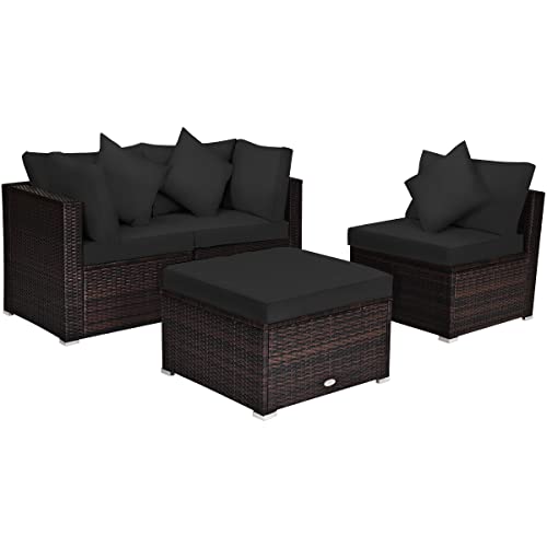 COSTWAY 4PCS Patio Rattan Furniture Set Sofa Ottoman Cushion Garden Deck Black