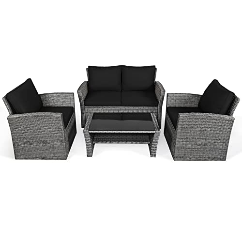 COSTWAY 4PCS Patio Rattan Furniture Set Sofa Table Storage Shelf Black Cushion