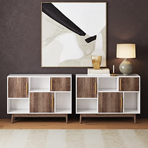 Nathan James Ellipse Multipurpose Storage Cabinet with Display Shelves and Doors, Entryway Modern Buffet or Kitchen Sideboard with Glam Gold Brass Accent, TV Stand, White - Set of 2