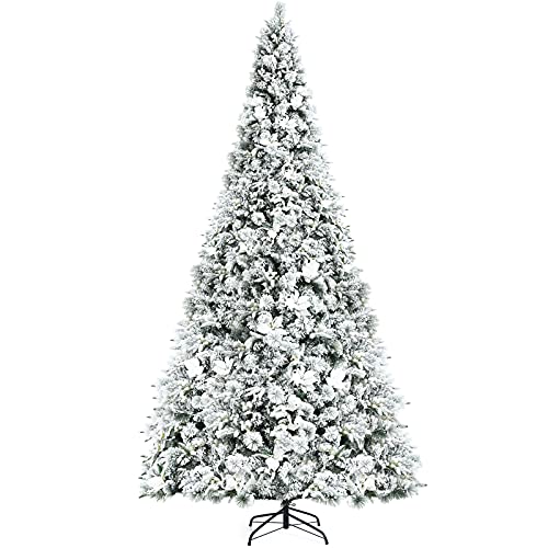 COSTWAY 8ft Snow Flocked Hinged Christmas Tree w/Berries & Poinsettia Flowers