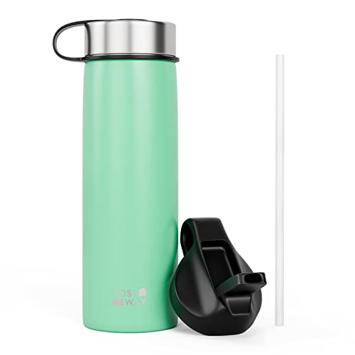 COSTWAY 22 oz Insulated Water Bottle, Stainless Steel with 2 Lids & Straw, Double Walled Insulated Water Flask for Hot & Cold Drinks, Suitable for Backpack, Hiking, Camping, Office (Turquoise)