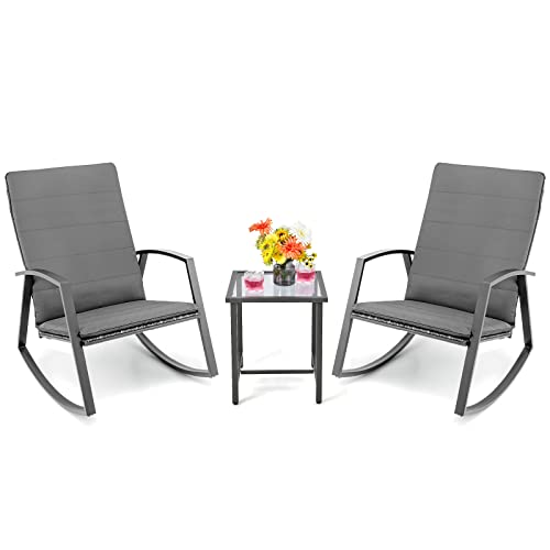 COSTWAY 3PCS Patio Rattan Rocking Chair Table Furniture Set Yard Cushion Gray