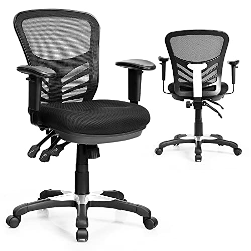 COSTWAY Mesh Office Chair, Mid Back Swivel Executive Task Chair with Height-Adjustable Armrests, Lumbar Support and Rocking Backrest, Ergonomic Breathable Computer Desk Chair for Home Office (Black)