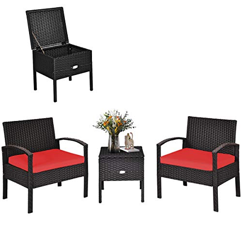 COSTWAY 3PCS Patio Rattan Furniture Set Storage Table Cushioned Sofa Deck Red