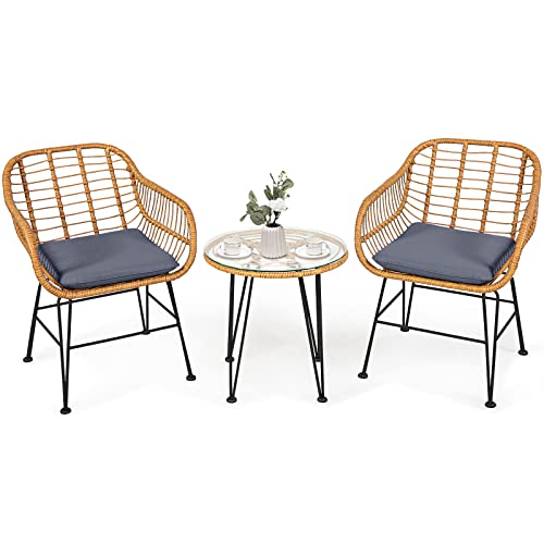 COSTWAY 3PCS Patio Rattan Bistro Furniture Set Cushioned Chair Table Grey