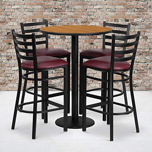 Flash Furniture Jamie 30'' Round Natural Laminate Table Set with Round Base and 4 Ladder Back Metal Barstools - Burgundy Vinyl Seat