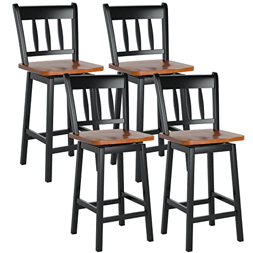 COSTWAY Bar Stools Set of 4, 24.5 Inch Solid Rubber Wood Bar Chairs with 360 ¡Swiveling, Footrest, Swivel Counter Height Barstools with Back Ideal for Kitchen Island, Counter, Pub(Set of 4, Black)