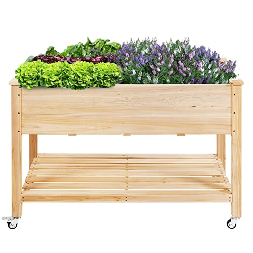 COSTWAY Raised Garden Bed with Wheels, Wood Planter Box with Storage Shelf for Vegetables, Flowers & Herbs, Elevated Garden Planter Bed for Backyard, Patio, Balcony, 47.5ÓL x 23.5ÓW x 33ÓH