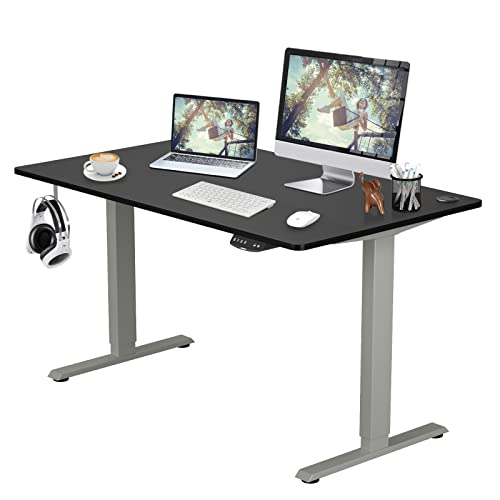 COSTWAY Dual Motor Electric Stand Up Desk, Height Adjustable Standing Desk w/Solid One-Piece Desktop & Memory Controller, Home Office Sit-to-Stand Computer Workstation (Gray + Black, 48''X30'')