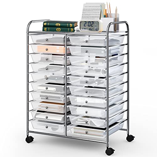 COSTWAY 20 Drawers Rolling Storage Cart, Multipurpose Movable Organizer Cart for Tools, Scrapbook, Paper, Craft, Utility Storage Trolley on Wheels for Home Office School (White)