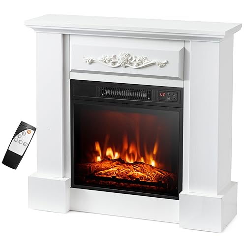 COSTWAY 32-inch Electric Fireplace with Mantel, 1400W Freestanding Fireplace Heater with Remote Control, Thermostat, 6H Timer, Adjustable 3D Flame Effect, Fireplace Mantel for Living Room, White