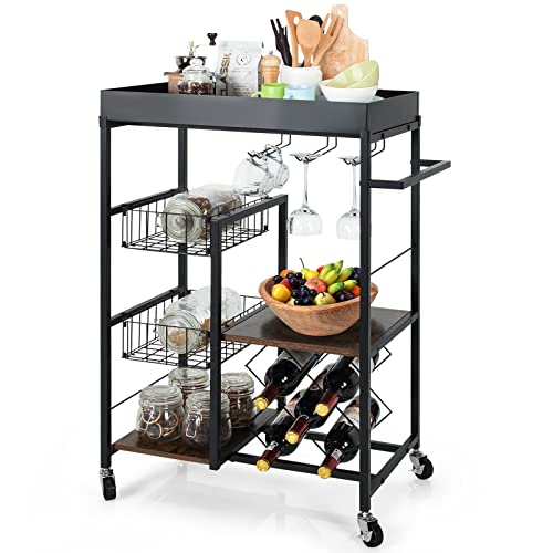 COSTWAY Kitchen Island Cart on Wheels, with Removable Top, 4-Tier Rolling Utility Cart with 2 Mesh Baskets, Wine Rack, Glass Holder, Storage Trolley, Ideal for Home, Office, Bar, Rustic Brown