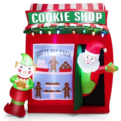 COSTWAY 6.3 FT Inflatable Gingerbread Cookie Shop with Santa Clause, Blow-up Christmas Decoration w/Built-in LED Lights