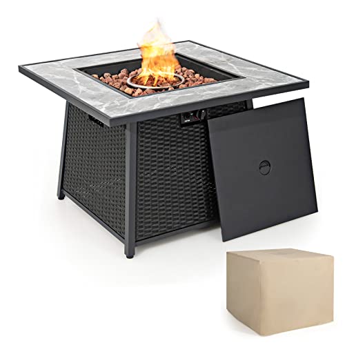 COSTWAY 35" Propane Gas Fire Pit Table, 50,000 BTU Auto-Ignition Propane Fire Pit with Lid, Lava Rocks and PVC Cover, Outdoor PE Rattan Fire Pit Table for Poolside, Garden, Balcony, ETL Certification