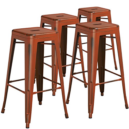 Flash Furniture Kai Commercial Grade 4 Pack 30" High Backless Distressed Orange Metal Indoor-Outdoor Barstool