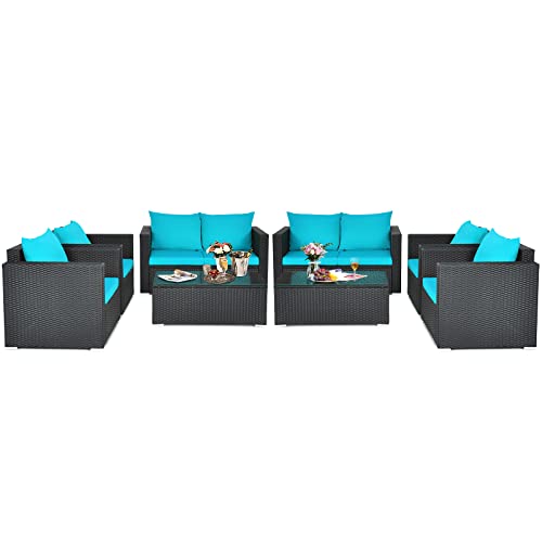 COSTWAY 8PCS Patio Rattan Furniture Set Cushioned Sofa Chair Coffee Table Turquoise