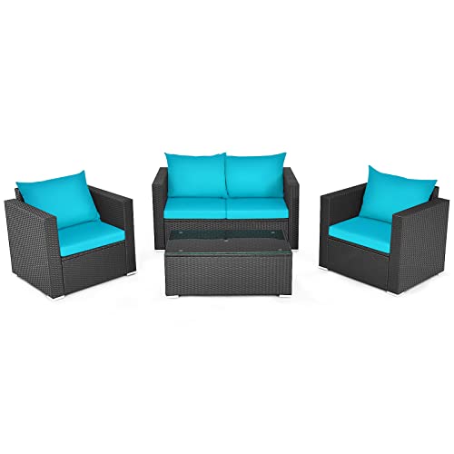 COSTWAY 4PCS Patio Rattan Furniture Set Cushioned Sofa Chair Coffee Table Turquoise