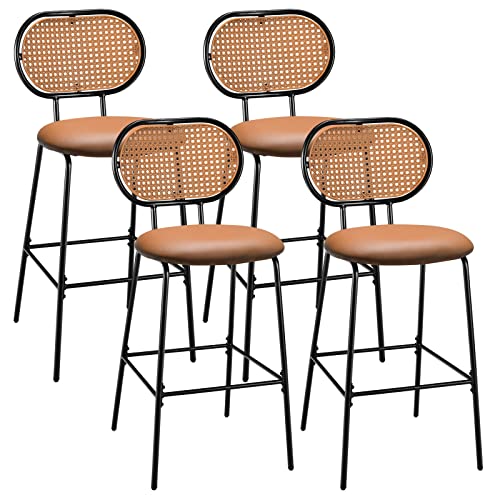 COSTWAY Bar Stools Set of 4, 29.5" Modern Faux Leather Bar Height Chairs with Imitation Rattan Woven Backrest, Metal Armless Barstools for Bistro Home Restaurant Kitchen Counter (4, Whiskey Brown)