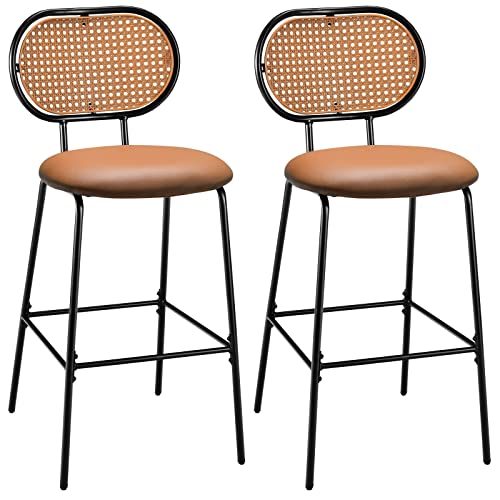 COSTWAY Bar Stools Set of 2, 29.5" Modern Faux Leather Bar Height Chairs with Imitation Rattan Woven Backrest, Metal Armless Barstools for Bistro Home Restaurant Kitchen Counter (2, Whiskey Brown)